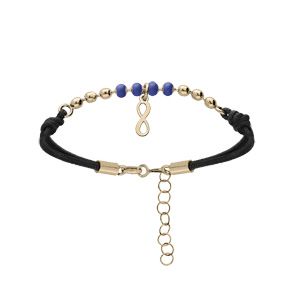 Bracelet en argent et dorure jaune cordon noir avec pampille infini et perles bleues 16+3cm