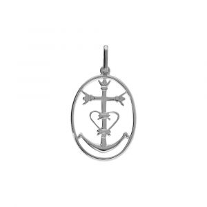 Pendentif en argent platin&eacute; oval avec croix Camarguaise - Symbole de la Camargue