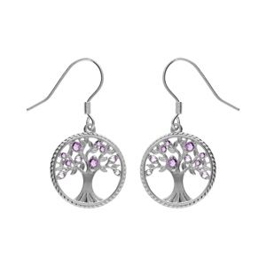 Boucles d'oreille en argent rhodié anneau avec arbre de vie contour perlé et oxydes tons violet fermoir crochet