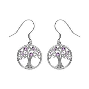 Boucles d'oreille en argent rhodié anneau avec arbre de vie contour perlé et oxydes tons violet fermoir crochet