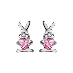 Boucles d'oreilles enfant en argent rhodi&eacute; lapin et oxyde rose fermoir poussette