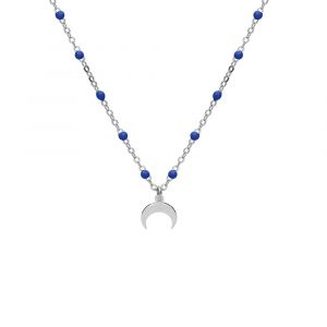 Collier en argent rhodi&eacute; cha&icirc;ne avec boules couleur bleu fonc&eacute; avec pendentif demi lune 40+5cm