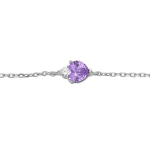 Bracelet en argent rhodié chaîne avec oxyde violet forme coeur et 1 oxyde blanc 16+3cm