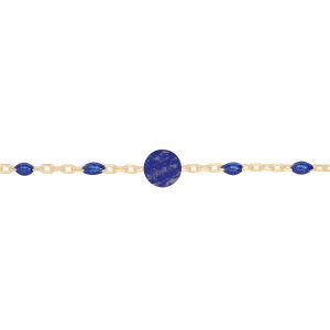 Bracelet en argent et dorure jaune cha&icirc;ne avec perles bleu fonc&eacute; et pierre Lapis Lazuli v&eacute;ritable 16+3cm