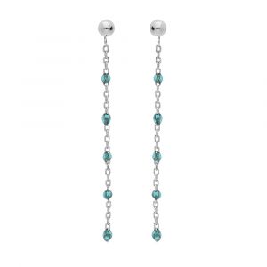 Boucles d'oreille en argent rhodi&eacute; cha&icirc;nette avec olives couleur bleu transparent et fermoir poussette