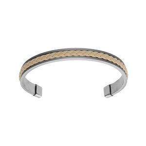 Bracelet jonc en acier ouvert et fond cuir véritable tressé couleur beige