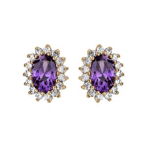 Boucles d'oreilles en plaqué or collection joaillerie oxyde violet au centre et petits oxydes blancs autour et fermoir poussette