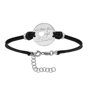 Bracelet en argent rhodi&eacute; cordon doubl&eacute; noir interchangeable avec plaque ronde avec coeur et "maman je t'aime" d&eacute;coup&eacute;s - longueur 16cm + 3cm de rallonge