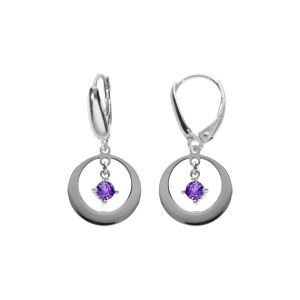 Boucles d'oreille en argent rhodié, forme cercleavec un oxyde violet pendant, fermoir dormeuse