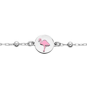 Bracelet en argent rhodié chaîne avec pastille motif flamant rose 15+2cm