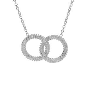 Collier argent rhodié claire, pendentif double cercle évidé perlé 40+5cm