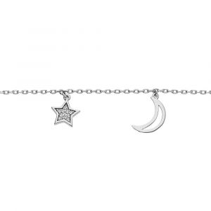 Bracelet en argent platin&eacute; cha&icirc;ne avec pampilles lune &eacute;vid&eacute;e et &eacute;toile pav&eacute;e d'oxydes blancs sertis 16+3cm