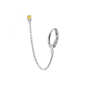 Boucles d'oreille tige en argent rhodi&eacute; un oxyde jaune serti cha&icirc;nette et cr&eacute;ole sur lobe (2 trous)
