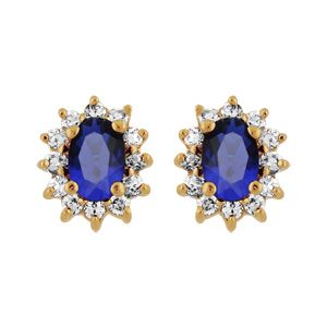 Boucles d'oreilles en plaqué or collection joaillerie oxyde bleu au centre et petits oxydes blancs autour et fermoir poussette