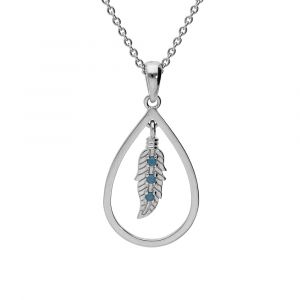 Collier en argent platin&eacute; cha&icirc;ne avec pendentif goutte &eacute;vid&eacute;e et plume avec oxyde bleu 42+3cm