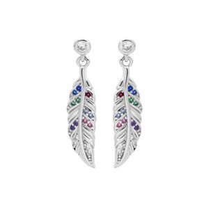 Boucles d'oreille en argent rhodié pendante avec plume et oxydes multi couleurs et fermoir poussette