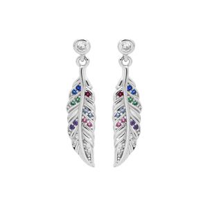 Boucles d'oreille en argent rhodié pendante avec plume et oxydes multi couleurs et fermoir poussette