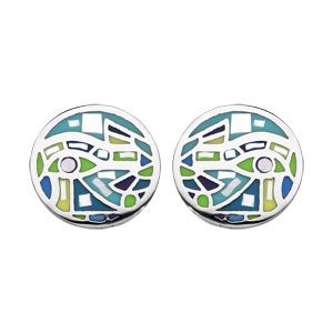 Boucles d'oreille en acier Stella Mia ronde vert et nacre et fermoir poussette
