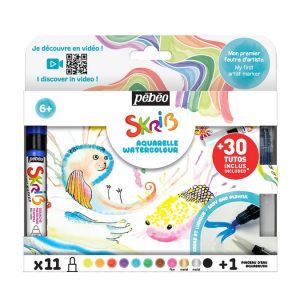 Marqueur gouache Skrib + pinceau à réservoir d'eau 11 couleurs