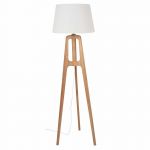Lampadaire tr&eacute;pied en bois d'h&eacute;v&eacute;a et abat-jour en polyester recycl&eacute; gris H150