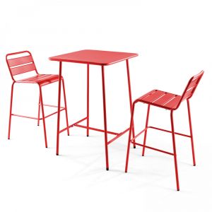 Ensemble table de bar et 2 chaises hautes en m&eacute;tal rouge