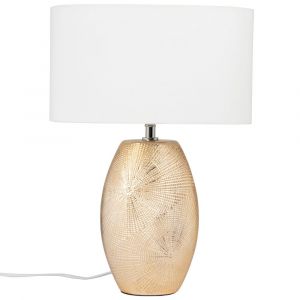 Lampe en c&eacute;ramique dor&eacute;e et abat-jour en polyester recycl&eacute; blanc