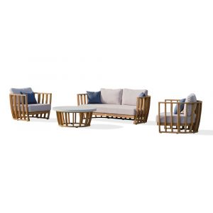 Salon bas de jardin 5 places en bois d'acacia, plateau effet b&eacute;ton