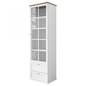 Vitrine 1 portes 2 tiroirs 4 &eacute;tag&egrave;res effet bois et blanc