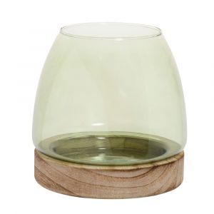 Photophore en verre vert et bois de paulownia H16