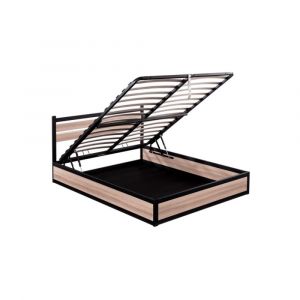 Lit coffre et t&ecirc;te de lit style industriel bois et m&eacute;tal 180x200 cm