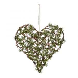 Suspension de no&euml;l d&eacute;corative coeur en pin en rotin vert D50