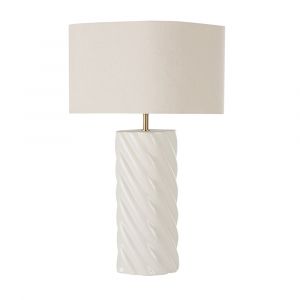 Lampe en c&eacute;ramique torsad&eacute;e blanc cass&eacute; et abat-jour en polyester recycl&eacute; beige cr&egrave;me