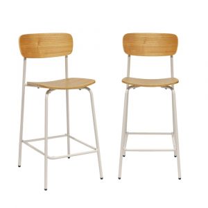 Tabouret de bar vintage effet fr&ecirc;ne et pieds m&eacute;tal beige (lot de 2)