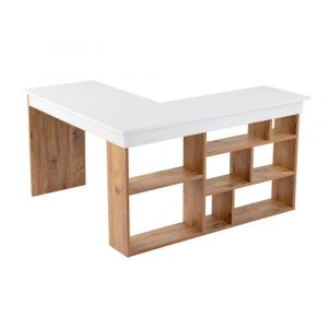 Bureau d'angle avec rangements d&eacute;cor blanc et pin atlantique L130 cm