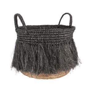 Panier &agrave; franges en raphia noir avec anses 36cm