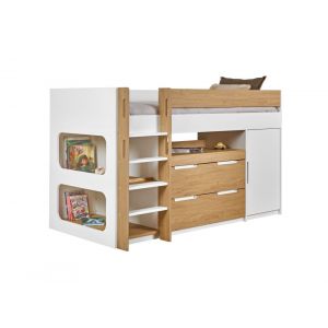 Lit mi-hauteur avec bureau et rangement 90x190 Blanc et Ch&ecirc;ne