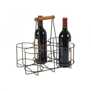 Panier bouteilles en m&eacute;tal vieilli et bois 6 bouteilles