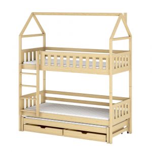 Lit cabane superposé 90x190 sommiers lit gigogne et tiroirs beige