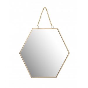 Miroir Dor&eacute; Suspendu Forme Alv&eacute;ole avec Cha&icirc;nette - 25x22x1cm