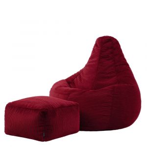 Pouf poire inclinable avec repose-pied velours c&ocirc;tel&eacute; rouge bordeaux