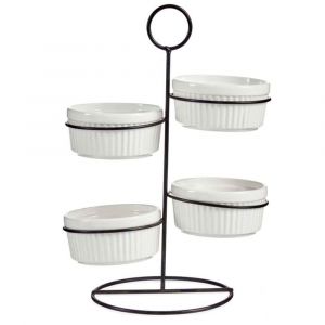 Pr&eacute;sentoir ap&eacute;ritif 4 ramequins porcelaine blanche