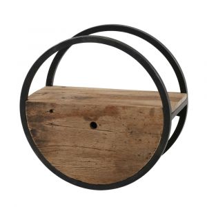 Etag&egrave;re murale ronde bois recycl&eacute; brut et m&eacute;tal noir vieilli D50cm