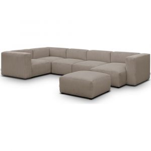 Canap&eacute; modulable panoramique 6 places, m&eacute;ridienne droite + pouf taupe