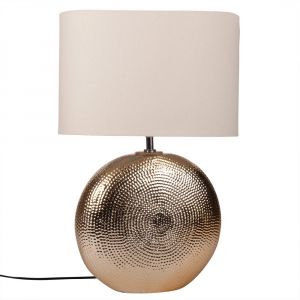 Lampe en c&eacute;ramique martel&eacute;e dor&eacute;e et abat-jour cr&egrave;me
