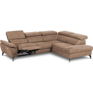 Canap&eacute; d'angle droit relax &eacute;lectrique tissu marron 5 places