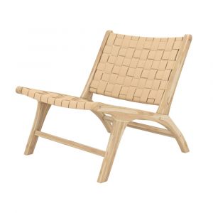 Fauteuil en teck et cuir tress&eacute; beige