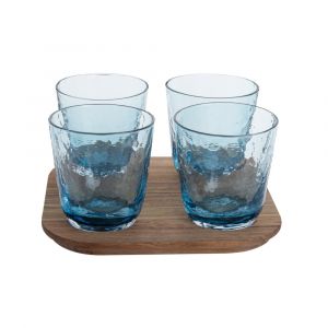 Gobelets en verre martel&eacute; bleu (x4) et plateau en bois d'acacia
