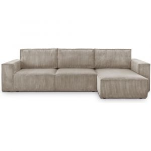 Canap&eacute; d'angle 5 places convertible + coffre, velours c&ocirc;tel&eacute; taupe