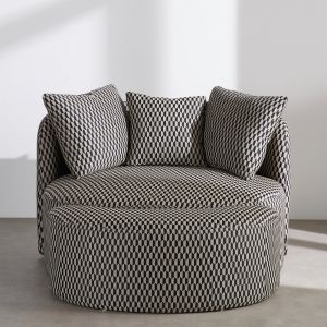 Canap&eacute; rond et pouf 1/2 places en textile tram&eacute; motif g&eacute;om&eacute;trique noir et blanc