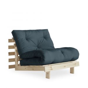 Fauteuil convertible 90x200cm en bois naturel et tissu - Bleu p&eacute;trole
